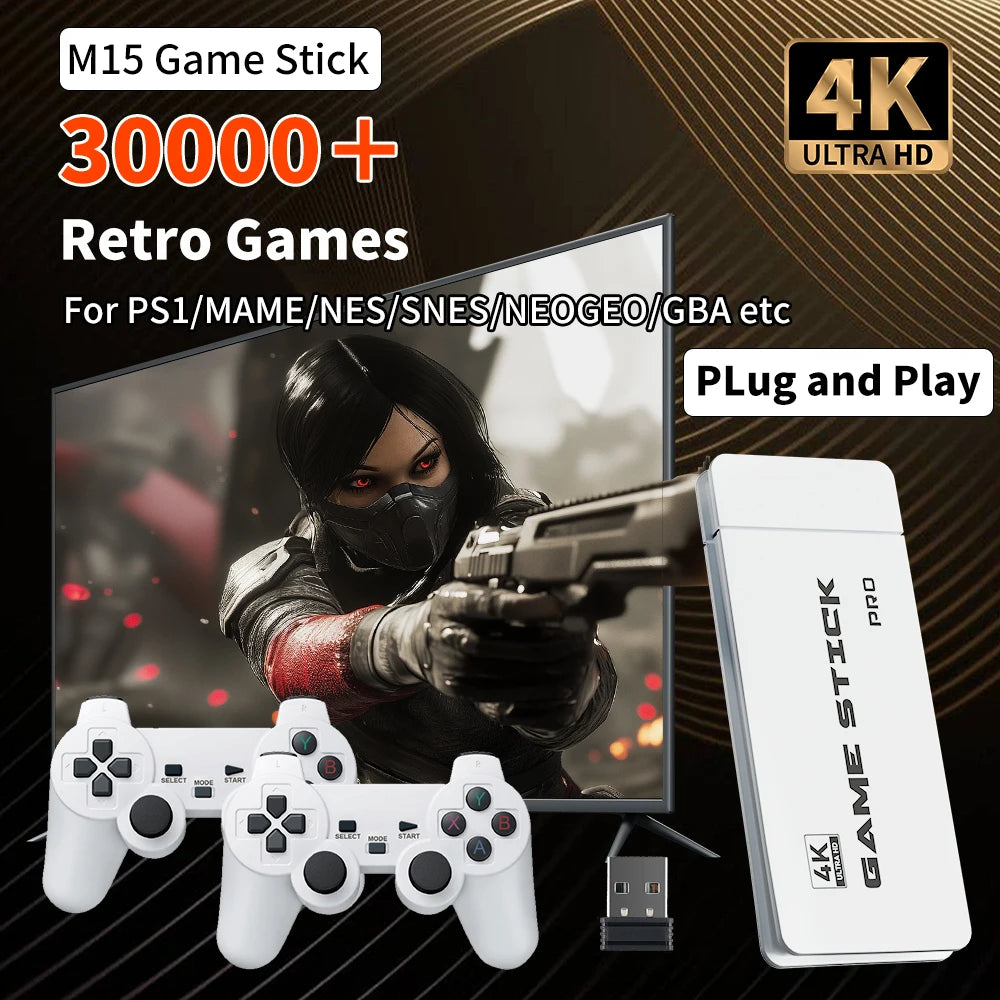 M15 Game Stick Retro Game Console with 30000+Games 4K HD Output for PS1/MAME/NEOGEO/NES/SNES/GBA Plug and Play for PC/TV/Monitor