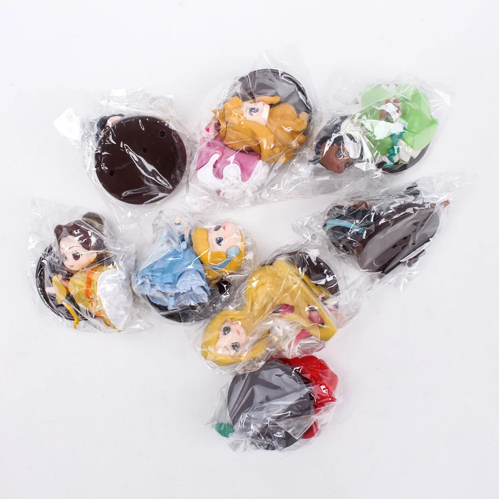 8pcs/set Disney Q Version Princess Cartoon Figures Doll Toys Snow White Rapunzel Ariel Cinderella Belle Mermaid Model Decoration