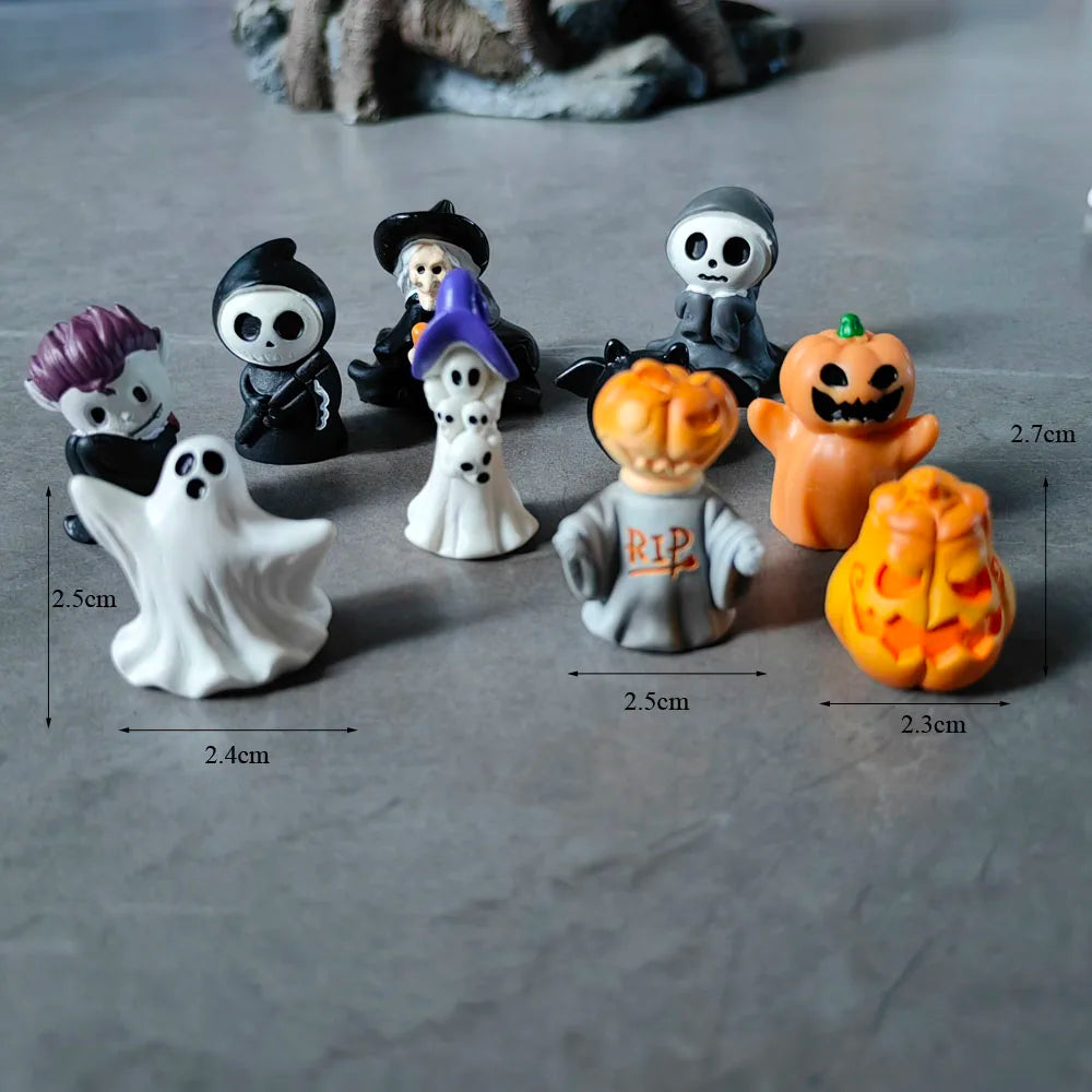 10 Stück Mini-Geist-Teufel-Zauberer, Festi-Kürbis-Schädel, Halloween-Dekoration, Kunstharz, Basteln, Miniaturfigur, winzig, für Feengarten-Dekor