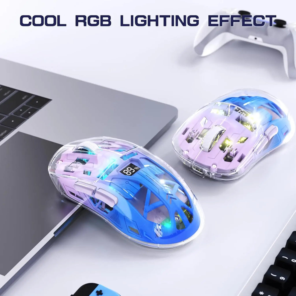 A2 Transparente kabellose Gaming-Maus, BT 5.0/2,4G PC wiederaufladbare RGB-Mäuse mit digitalem Bildschirm, PixArt 3212, 5 einstellbare DPI