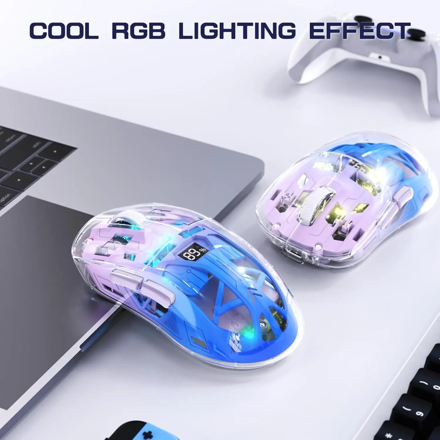 A2 Transparente kabellose Gaming-Maus, BT 5.0/2,4G PC wiederaufladbare RGB-Mäuse mit digitalem Bildschirm, PixArt 3212, 5 einstellbare DPI