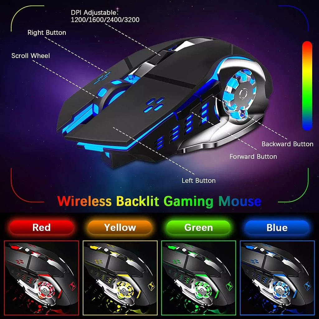 Безжичен комплект геймърска клавиатура и мишка, с подсветка Rainbow/RGB, презареждаща се клавиатура и 7-цветна геймърска мишка с безшумен звук и подложка