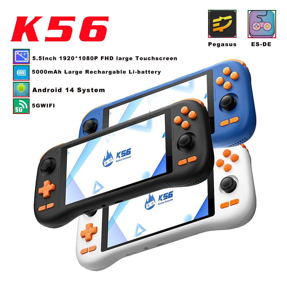 Neue Handheld-Spielkonsole K56 mit 5,5-Zoll-Touchscreen, 50 Emulatoren für PS1/PSP/DC/SS, Android 14, 5000-mAh-Akku, WLAN 5, Retro-Spielkonsole