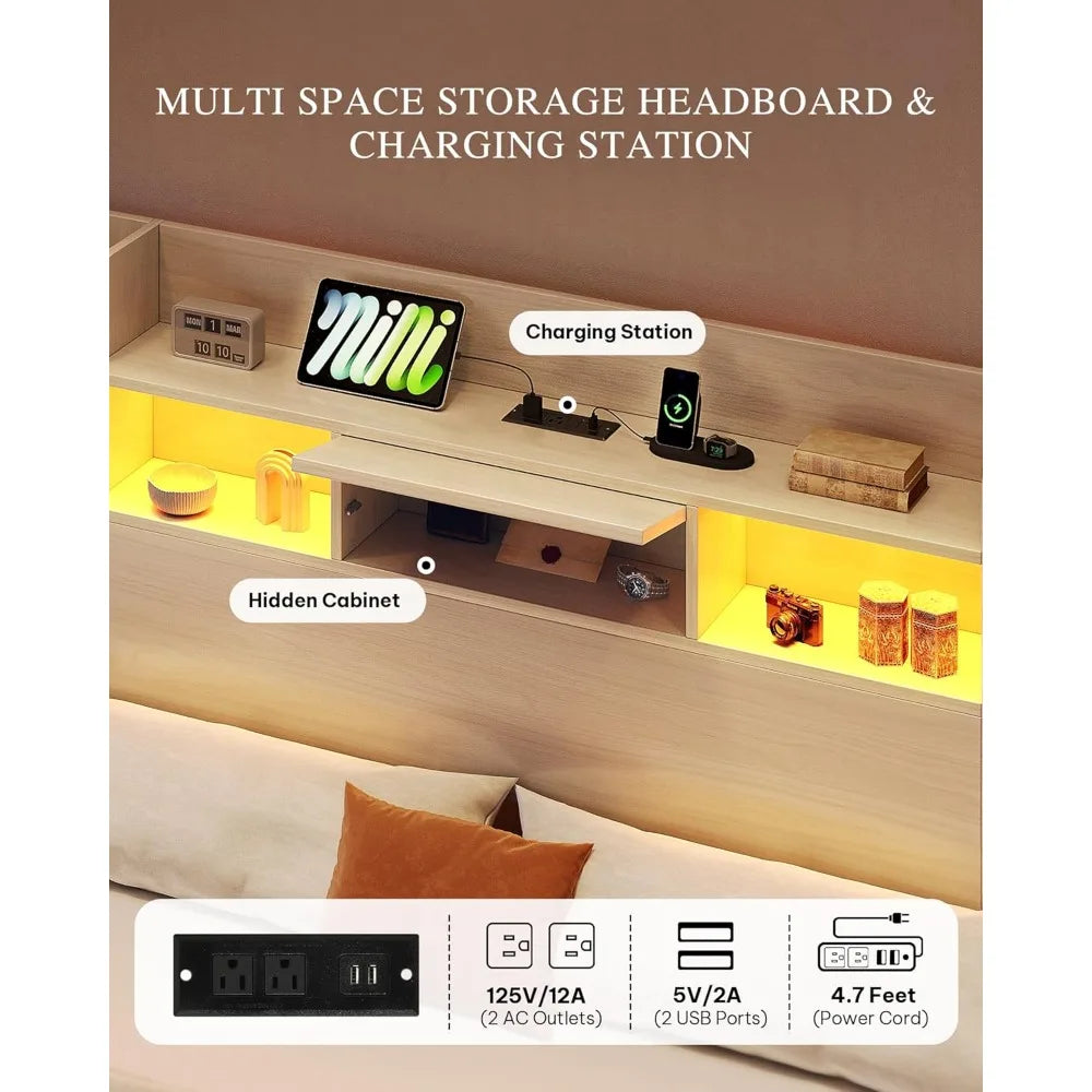 YITAHOME King Bed Frame with Bookcase Headboard and 4 Storage Drawers, RGB LED Light Bed with Type-C & USB Charging Station Stor