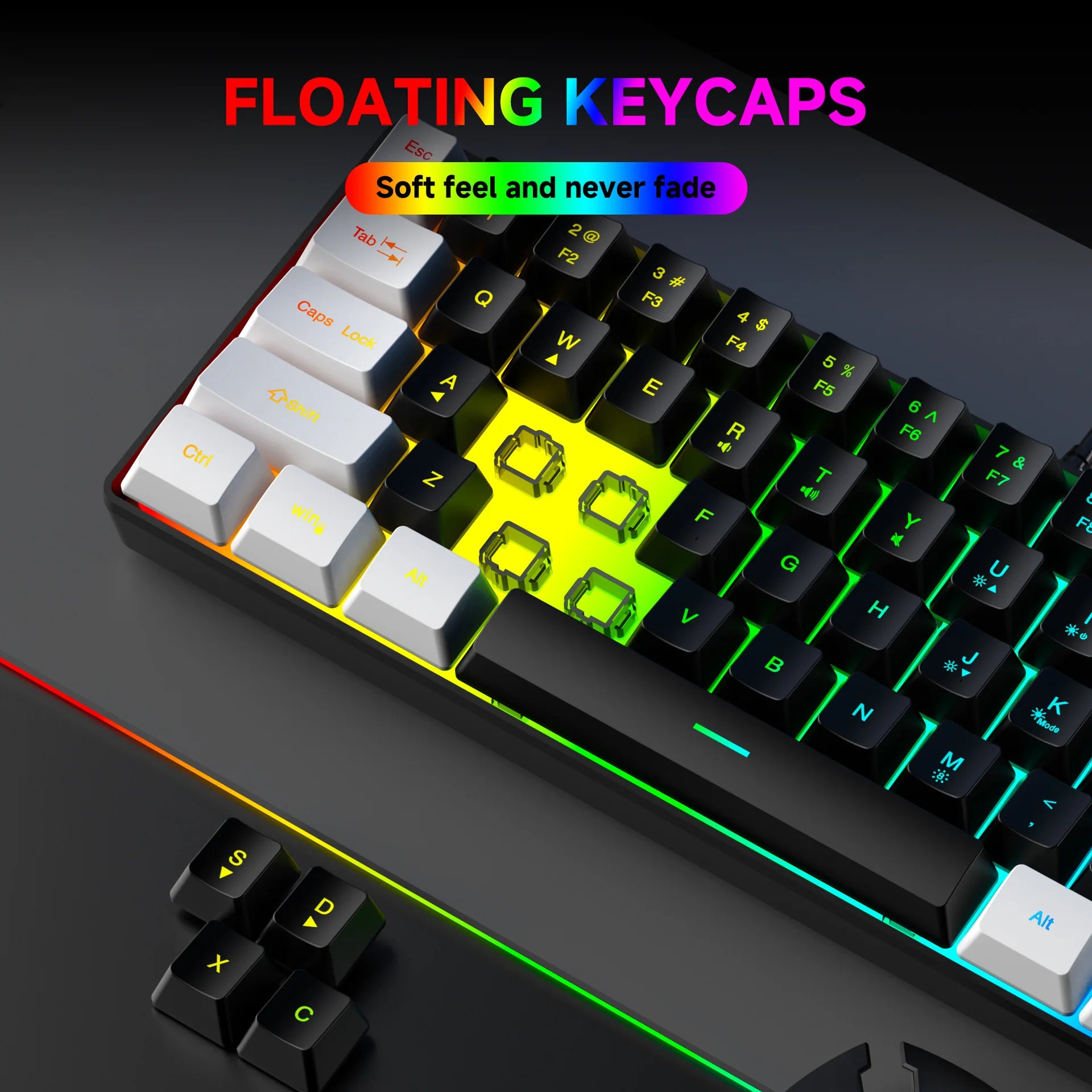 61 Tasten RGB Gaming-Tastatur-Maus-Set, kabelgebunden, bunt, Mini, kompakt, schwarz-weiß, Computer-Tastatur-Mäuse-Set für Büro-PC-Gamer