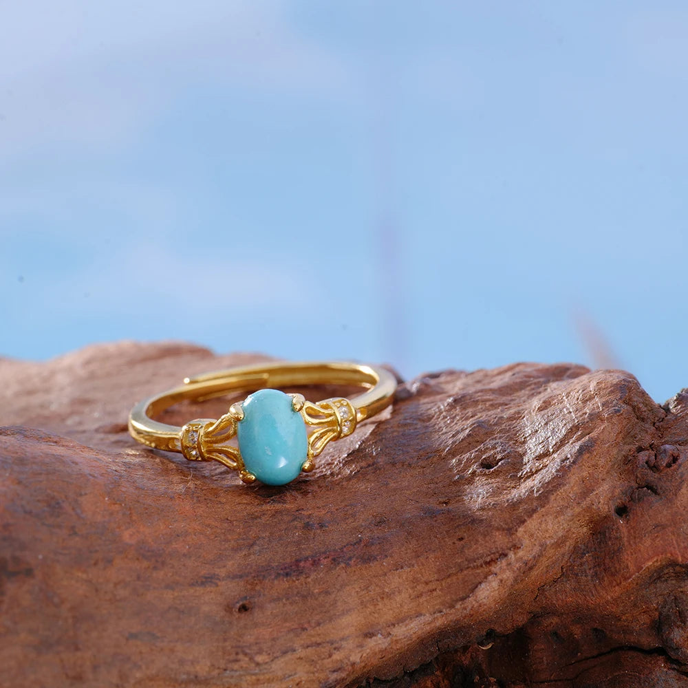 Natürlicher Türkis-Ring, 925er Silber, K vergoldet, verstellbar, stapelbare Bänder, 7 x 5 mm, oval, Dezember-Geburtsstein, Schmuck, Boho-Geschenk