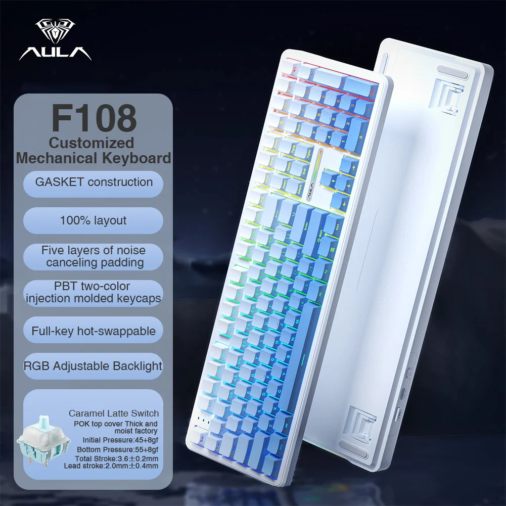 AULA F108 Keyboard 100% Layout 1K Polling Rate Mechanical Gaming Keyboard Hot Swappable Linear Switch with Macro Software