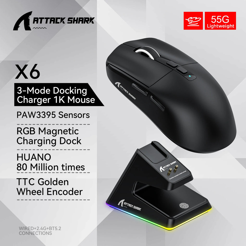 Attack Shark X6 Bluetooth-Maus, PixArt PAW3395, Tri-Mode-Verbindung, magnetische RGB-Touch-Ladestation, Makro-Gaming-Maus