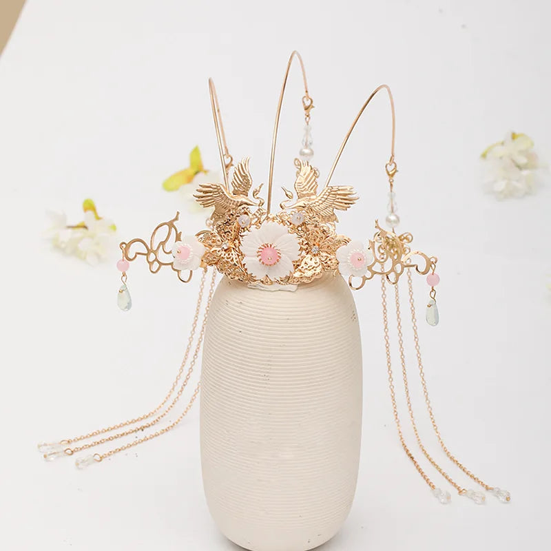 Chinese dress crown headdress auspicious wishful style flower phoenix design tassel TEN