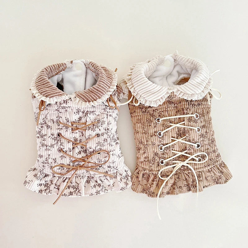 Autumn Winter Striped Lace Doll Collar Base Shirt Cute Corduroy Drawstring Vest Plush Bubble Sleeves Shoulder Strap Skirt Set