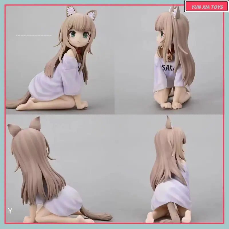 Cartoon Catgirl Sitting Eating Fish Soybean Powder Sitting Posture Can Change Face Beautiful Girl Figurine Model Toy Gift