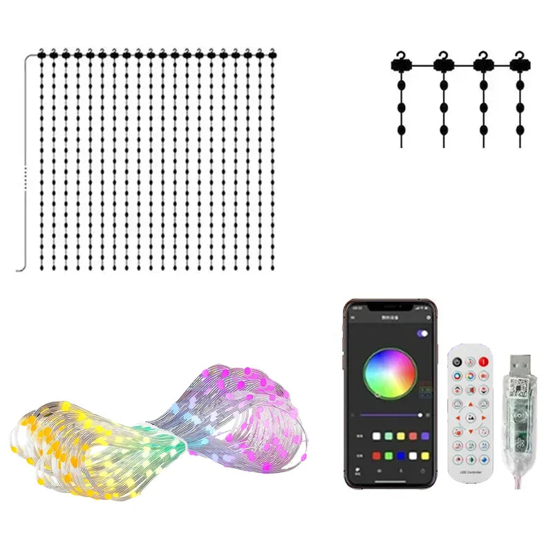 LED Smart Curtain Lights Curtain Garland on The Window USB Power Fairy Lights Festoon with Remote New Year Garland Led Lights 。