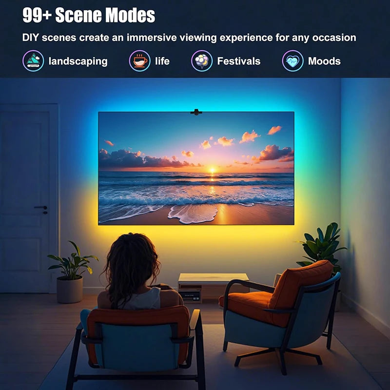 TV SYNC Backlight LED Strip Light USB Flexible Ribbon Diode Tape with RGBIC Color Capture Sensor Bluetooth APP Remote Control