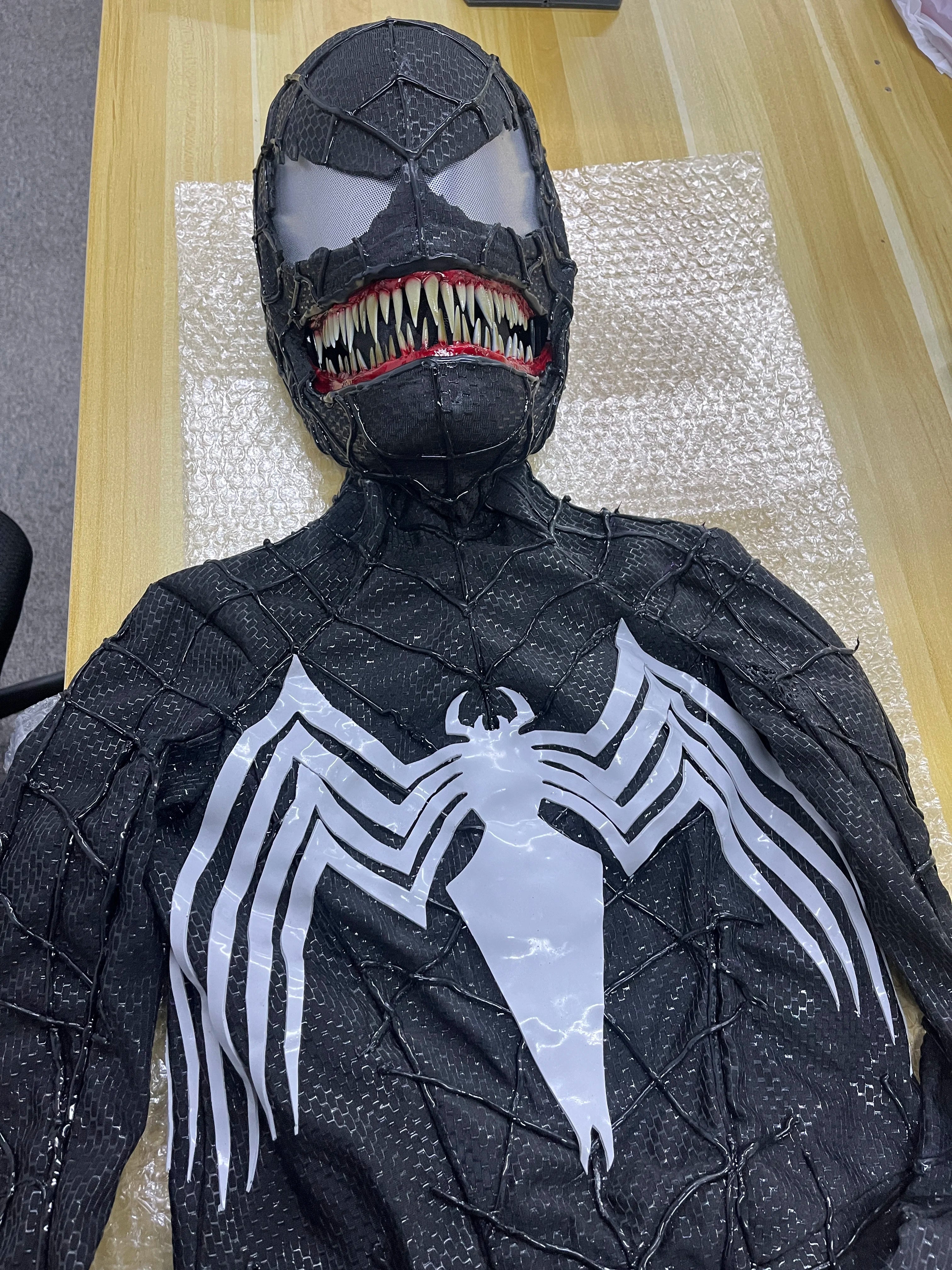 Venom Spider-Man Suit with Mask Movable Chin 1:1 3D Colour Printing Handmade Customized Spiderman 3 Jumpsuit Halloween Costume