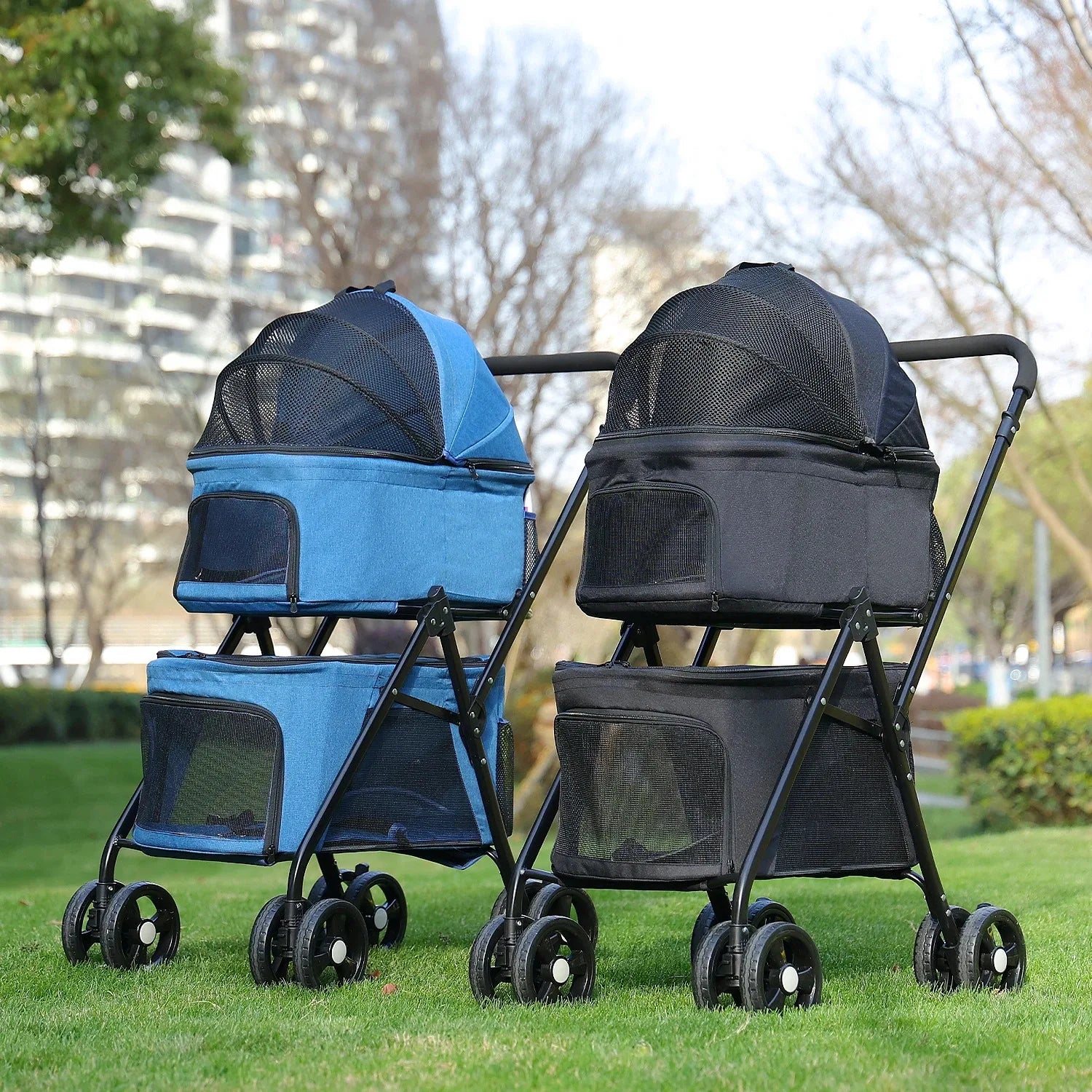 Double Pet Cart for Small Dogs or Cats Lightweight foldable double stroller for dogs with removable harnesses