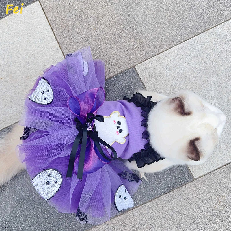 2025 Luxury Halloween Pet Dog Dress, Handmade Purple Ghost Bow Sling Princess Costume for Small Dog & Cat, Fashion Puppy Apparel