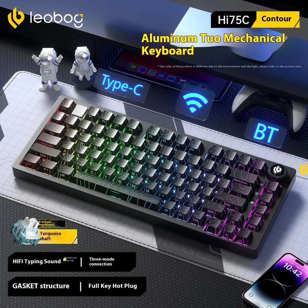 LEOBOG Hi75C Механична клавиатура 3 режима/кабелен комплект с гореща замяна с копче RGB алуминиево уплътнение Hi75C Комплект клавиатура за компютър, персонализиран подарък
