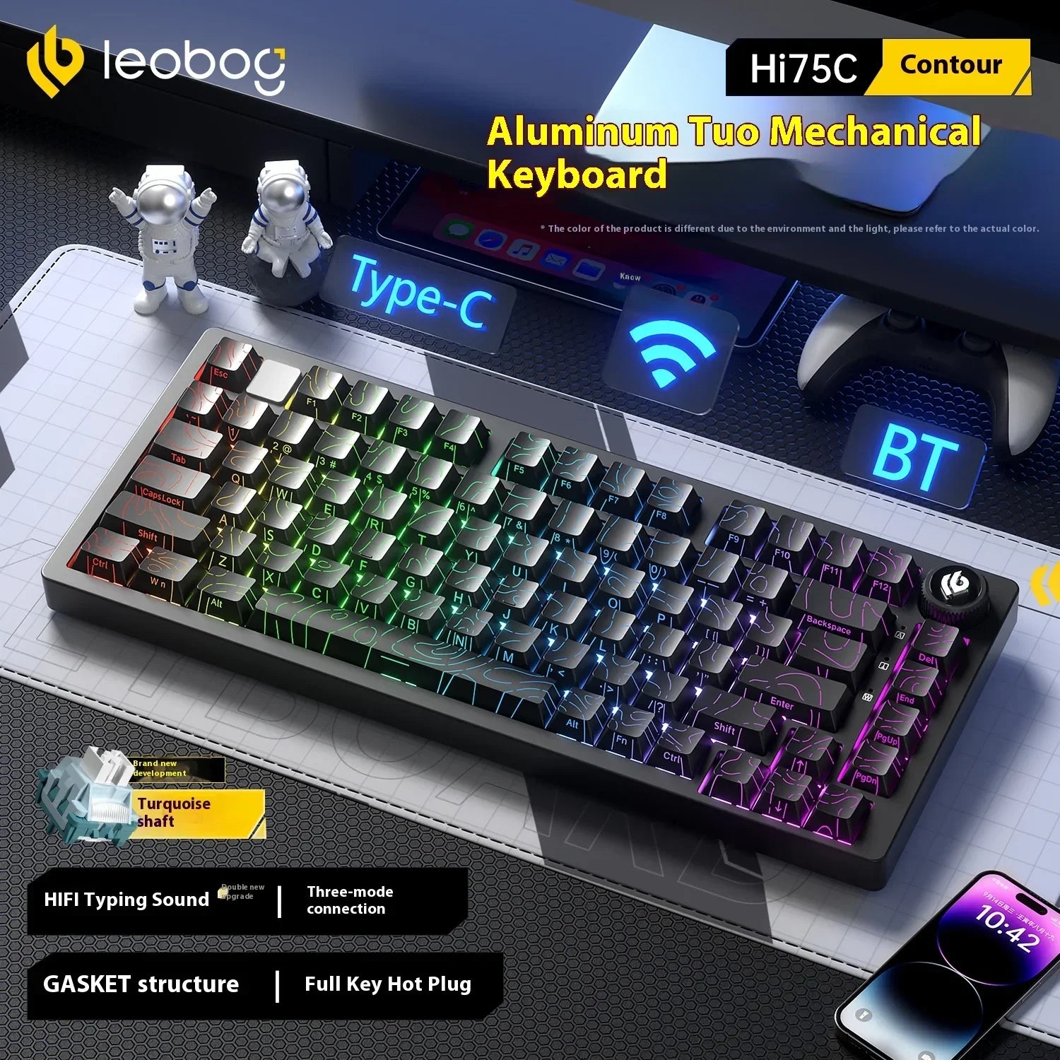 LEOBOG Hi75C Механична клавиатура 3 режима/кабелен комплект с гореща замяна с копче RGB алуминиево уплътнение Hi75C Комплект клавиатура за компютър, персонализиран подарък