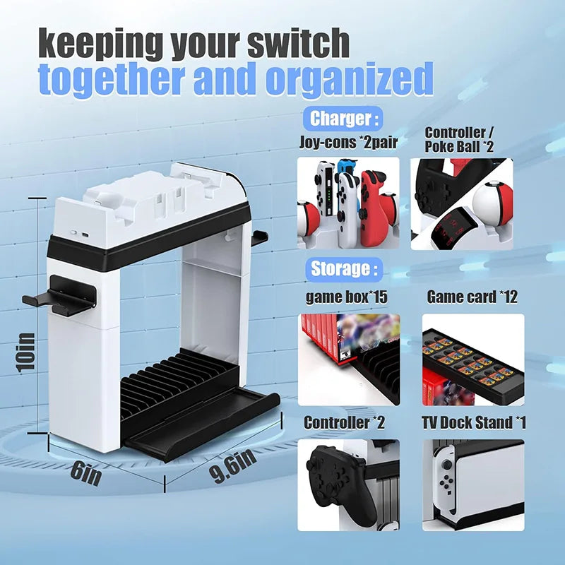 For Switch OLED Multi-function Storage Bracket Gamepad Charger Base NS Host Disc Storage Rack Can Store Game Cards