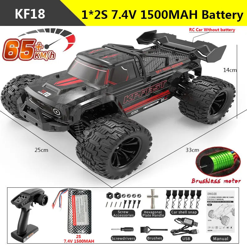 KF18 1:14 4WD RC Car Off-Road Racing High Speed Brushless Motor 2.4G Remote Control Cars Truck 75km/H Truck With LED Light Toy