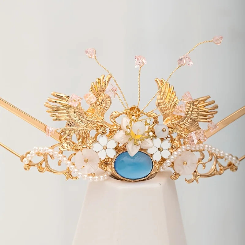 Pearl Crystal Hairpin Headband For Women Bride Chinese Style Hanfu Wedding Bridal Hair Accessories Jewelry Hairpin Headband Gift
