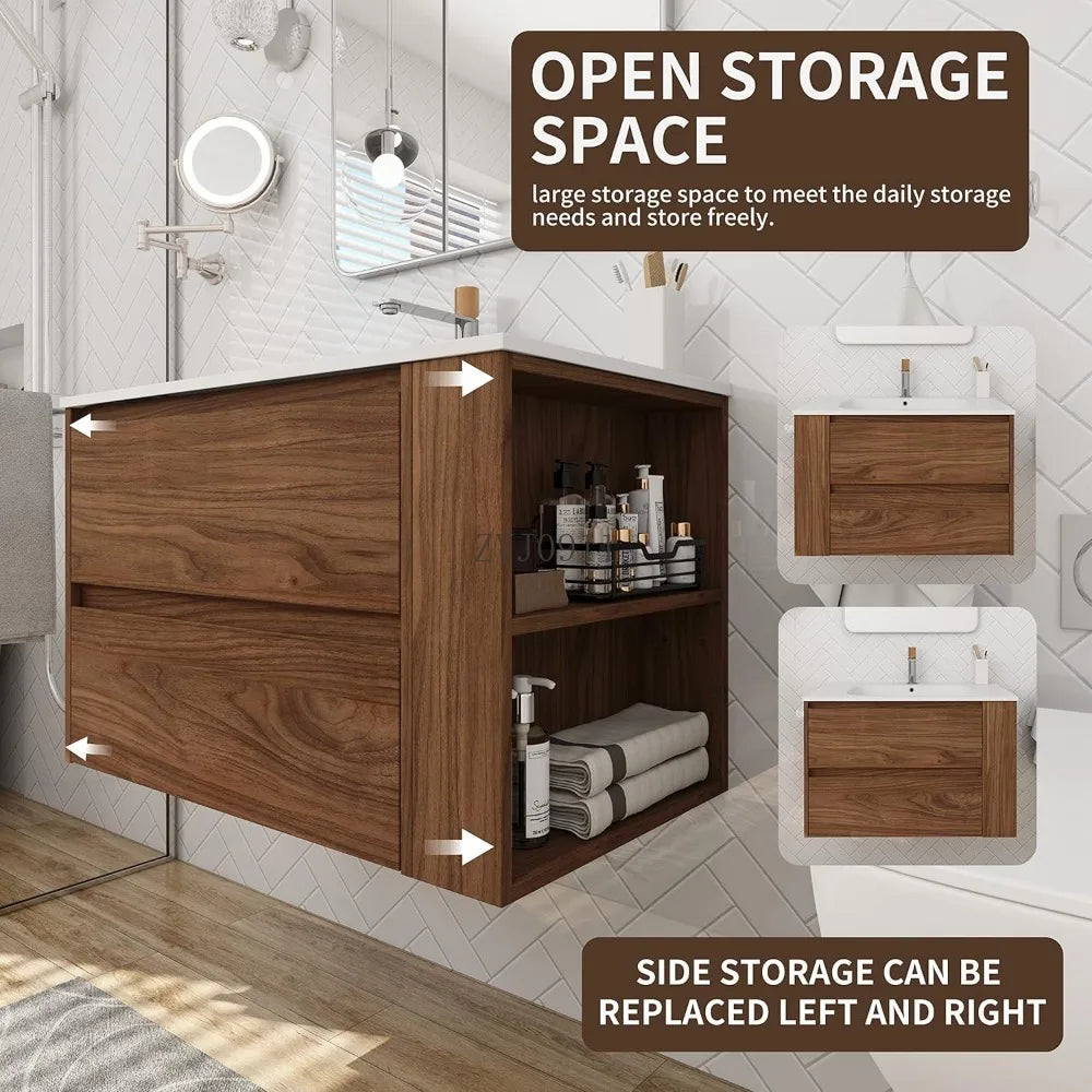 Bathroom Vanity with Gel Sink Combo Wall Mounted Cabinet Set, Modern Float Mounting Bathroom Vanity Set with 2 Drawers