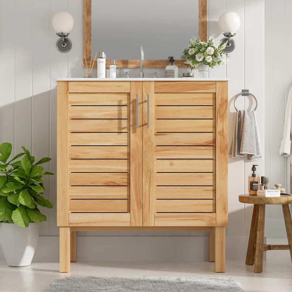 30" Antique Bathroom Vanity with Ceramic Sink, Mid-Century Modern Bathroom Vanity Cabinet with 2 Soft-Close Doors and Large
