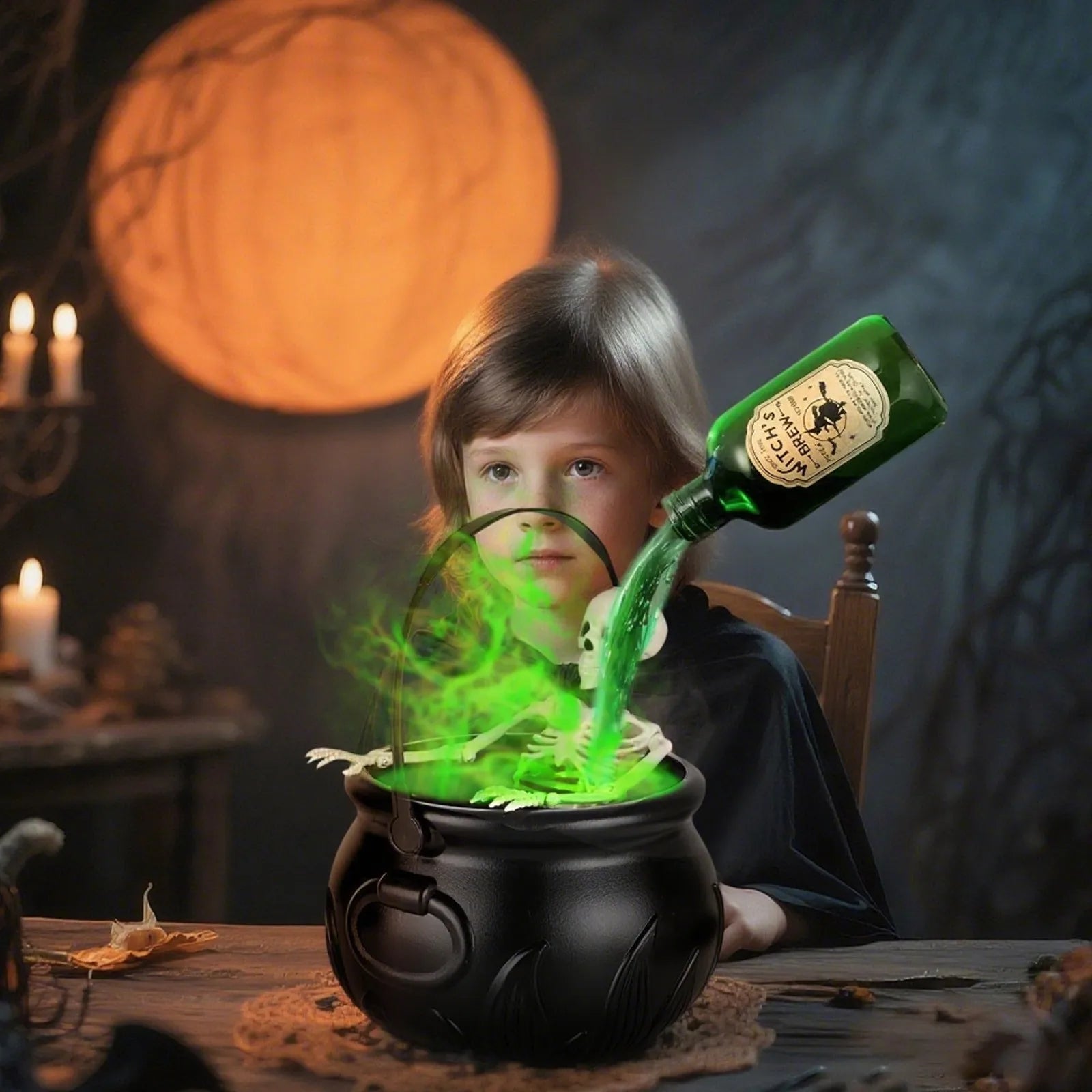 Gruseliger Hexen-Nebelmacher-Kessel mit schwimmender Flasche, Kunststoffkessel und Skelett, Halloween-Dekoration, Kessel, Horror-Haus-Dekoration