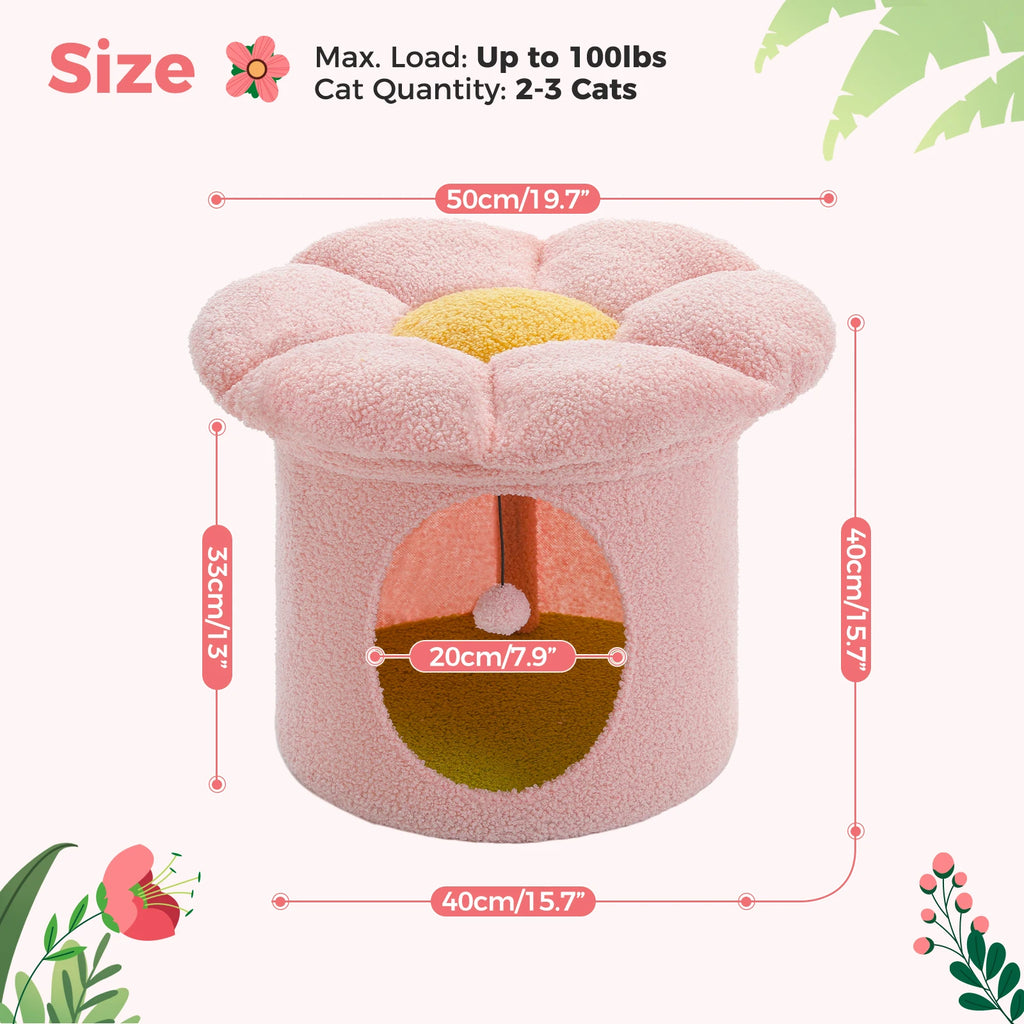 Flower Cat House with Pompom Ball, Double-Deck, Large Cat Condo, Bed with Soft Flower Perch, Spacious Cozy Condo for Multi Cats