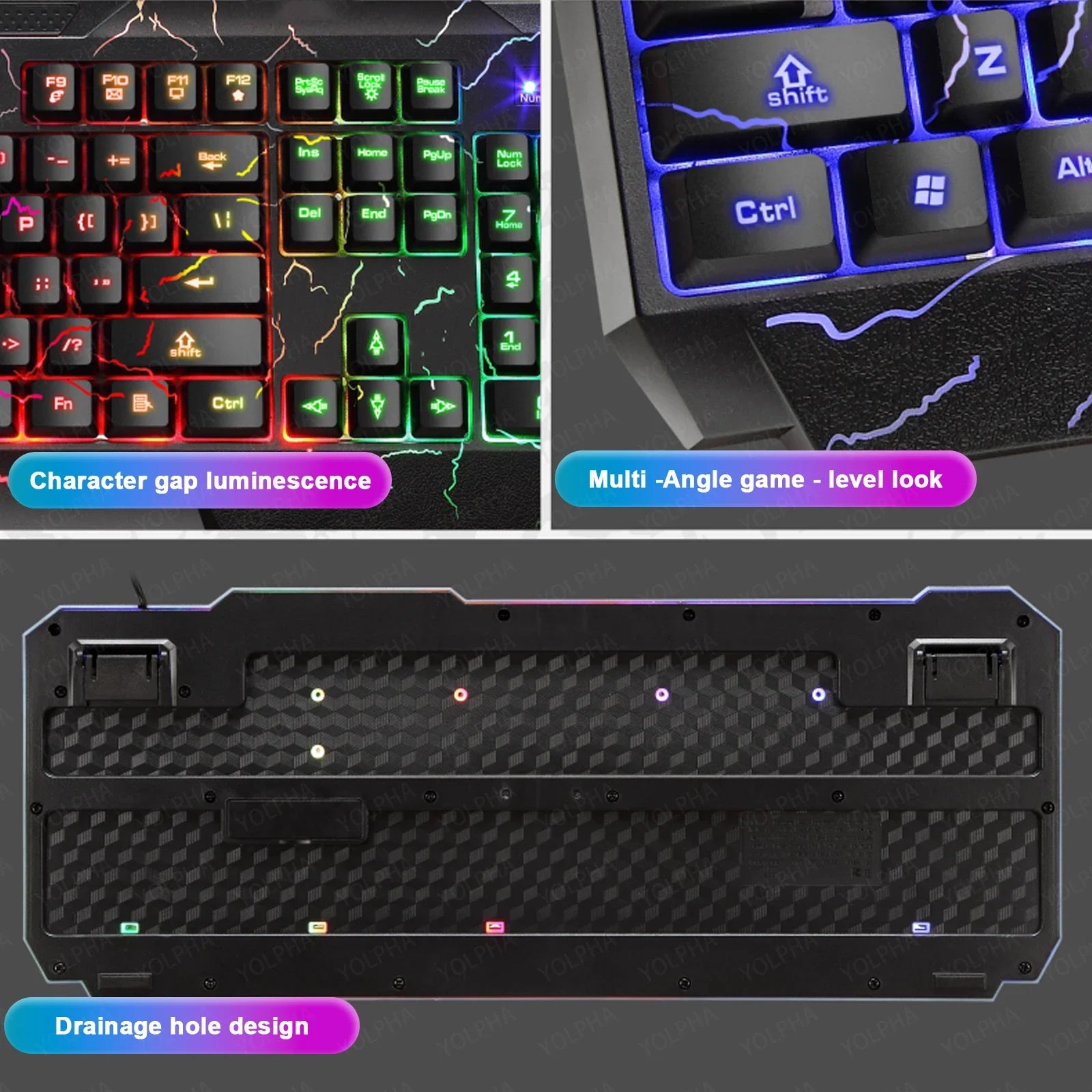 Комплект геймърска клавиатура и мишка Crack Rainbow Glow с подсветка, светеща геймърска периферия, ергономична механична клавиатура и мишка