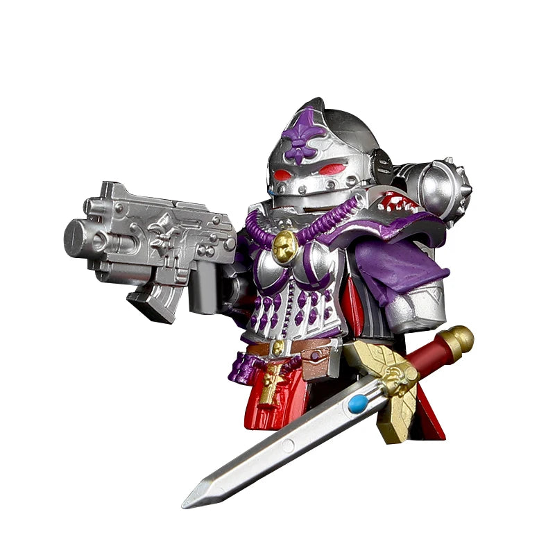 Medieval Knights War 10cm Poseable Collectible 40K Figure - Blue-Gold Armor Skull Face Design