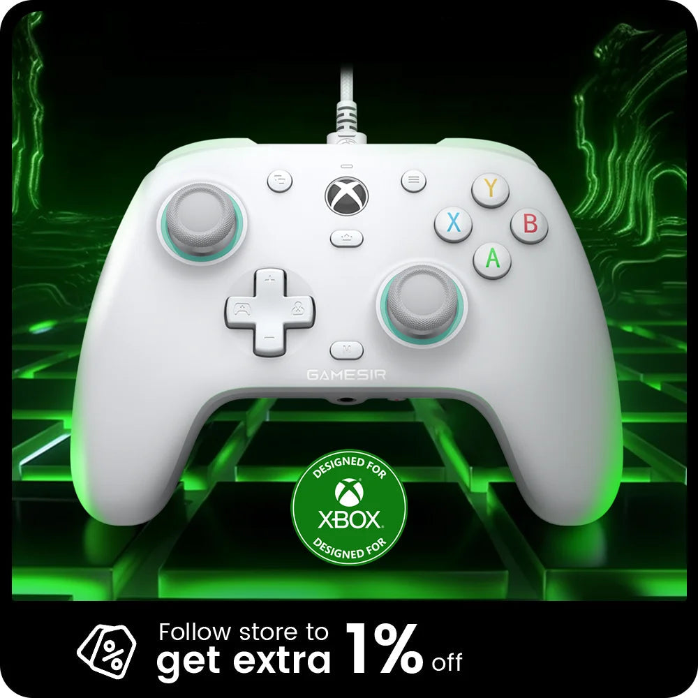 White gaming controller with Xbox logo on a green and black background, featuring 'GAMESIR Official Store' text.