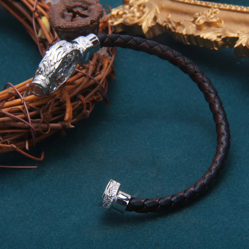 Bracelet Bangle Pure 925 Sterling Silver Leather Rope Woven Magnetic Luxury Brand Fine Jewelry Man Woman 2024 New In Festoon B5