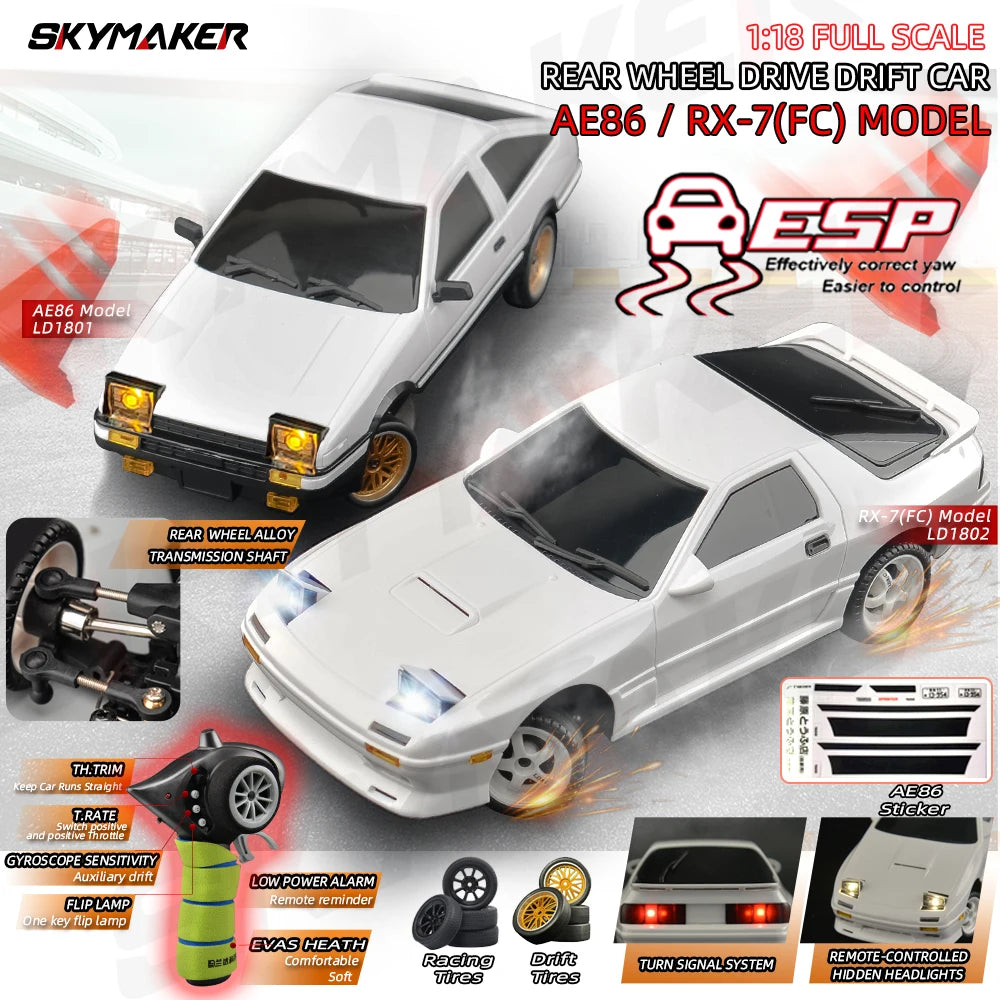 Skymaker AE86 Модел LD1801 RX-7 FC LD1802 1:18 RC Дрифт Количка 1/18 2.4G Дистанционно Управление ESP Жироскоп LED Мини RC Състезателни Колички Играчки