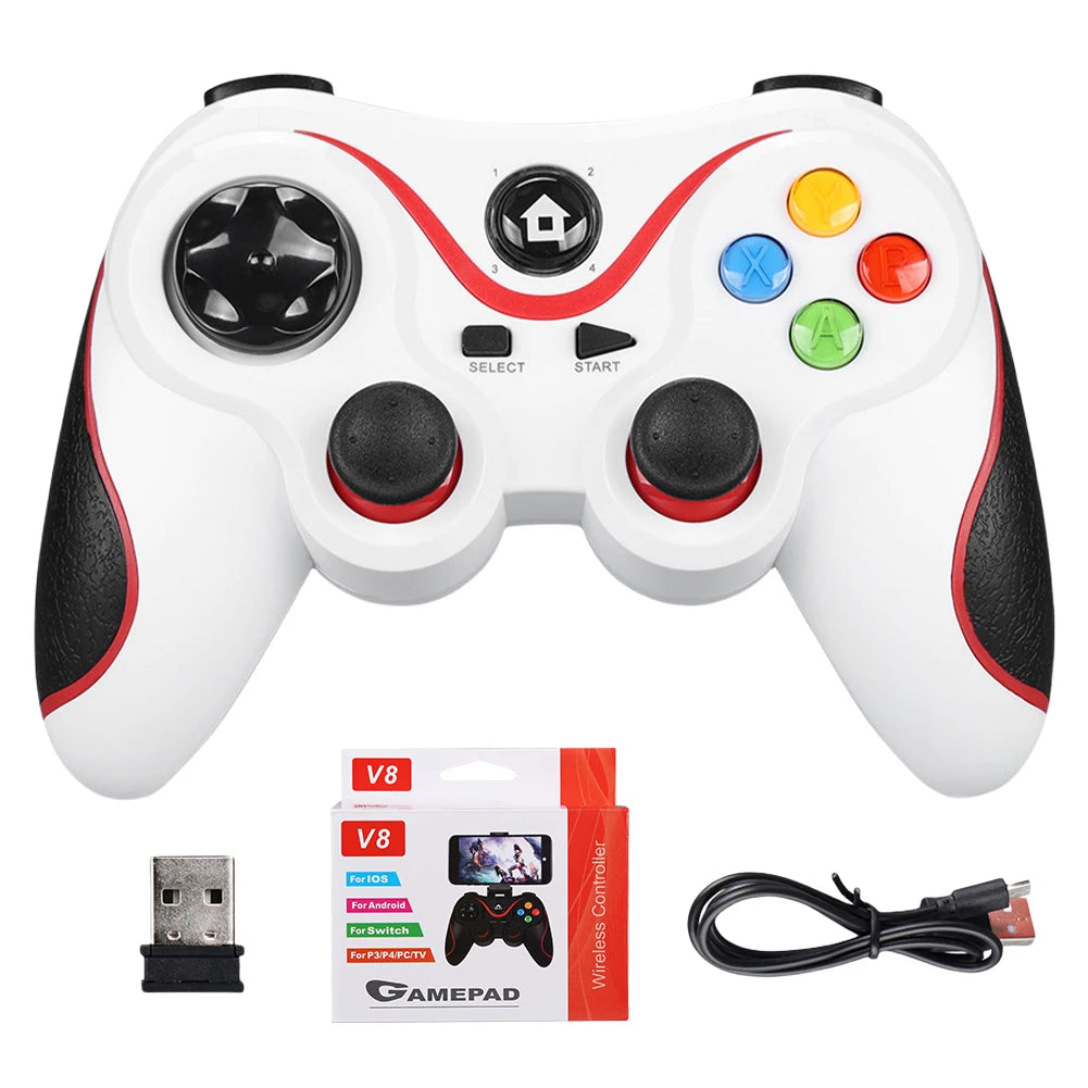 V8 2.4G Wireless Game Controller Gaming Joystick BT Wireless Gamepad Dual Vibration for Android/iOS/PC/PS3/Switch/Mobile Phone