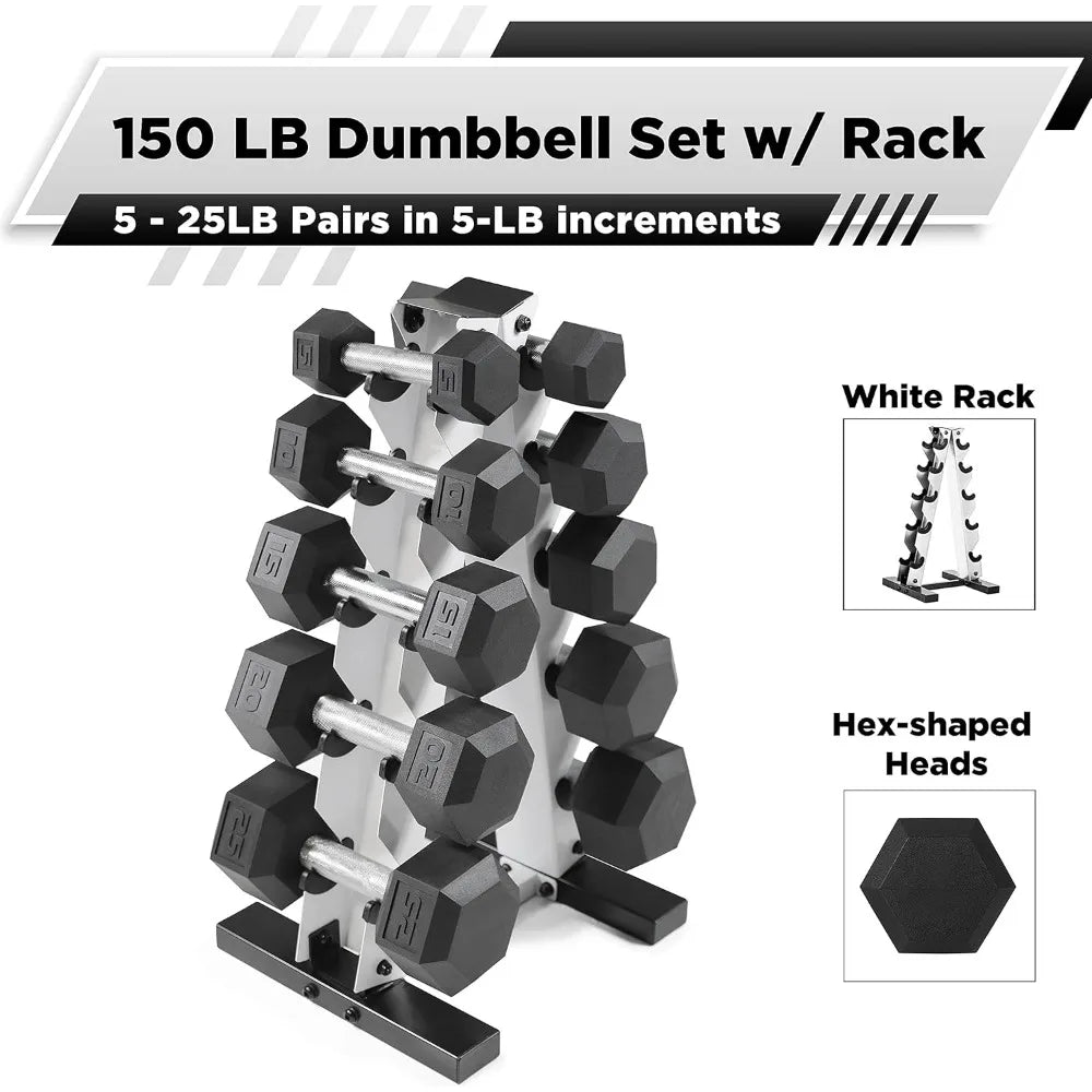 WF Athletic Supply 5 to 25 Pound Rubber-Coated Hex Dumbbell Set with Storage Rack for Muscle Toning and Strength Training
