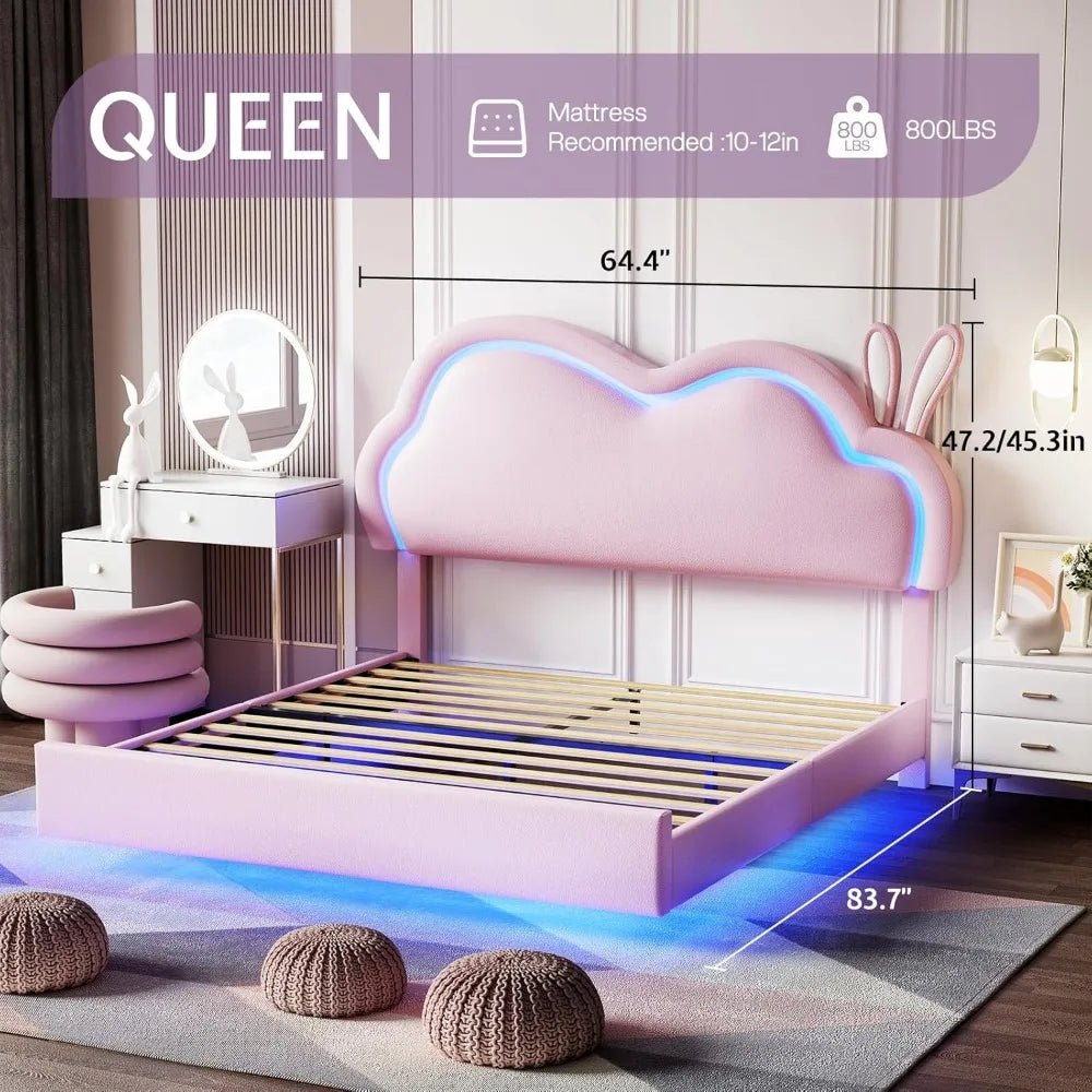 Pink Leather Upholstered Floating Bed Frame with Cute Cloud Headboard for Girls - No Box Spring Needed
