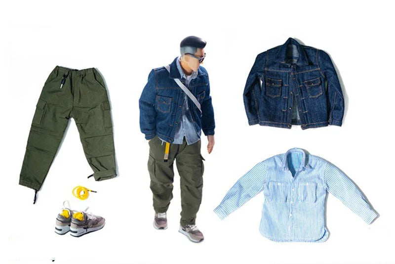 Limited Edition 1/6 Men Soldier Street Trend Blue Cowboy Boy Classic Long Sleeve Denim Coat Striped Shirt 12" Action Figure Toys