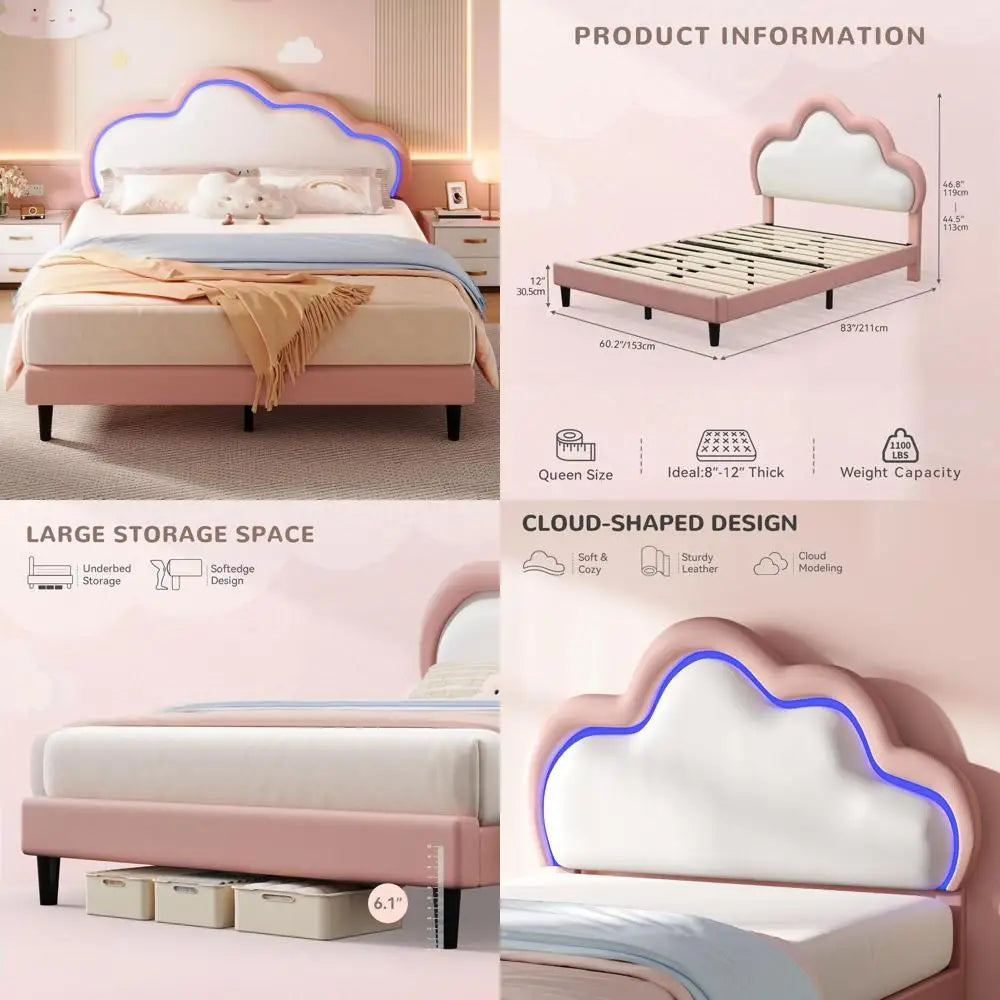 Queen Size Upholstered Bed with LED Smart Features and Adjustable Cloud Headboard, Platform Bed Frame