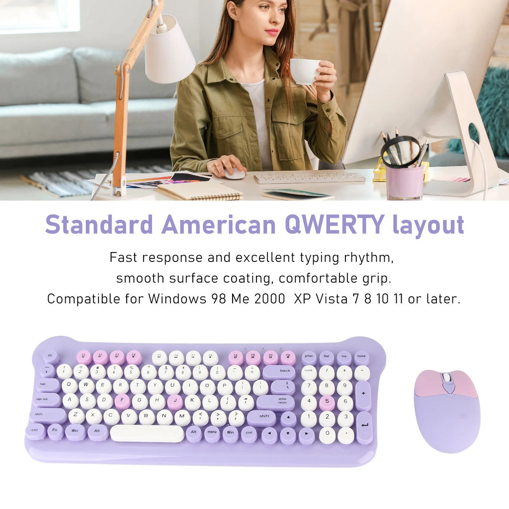 Colorful Keyboard and Mouse Plug and Play Wireless Keyboard and Mouse Set Responsive with Round Keycaps for Laptops PC Desktops