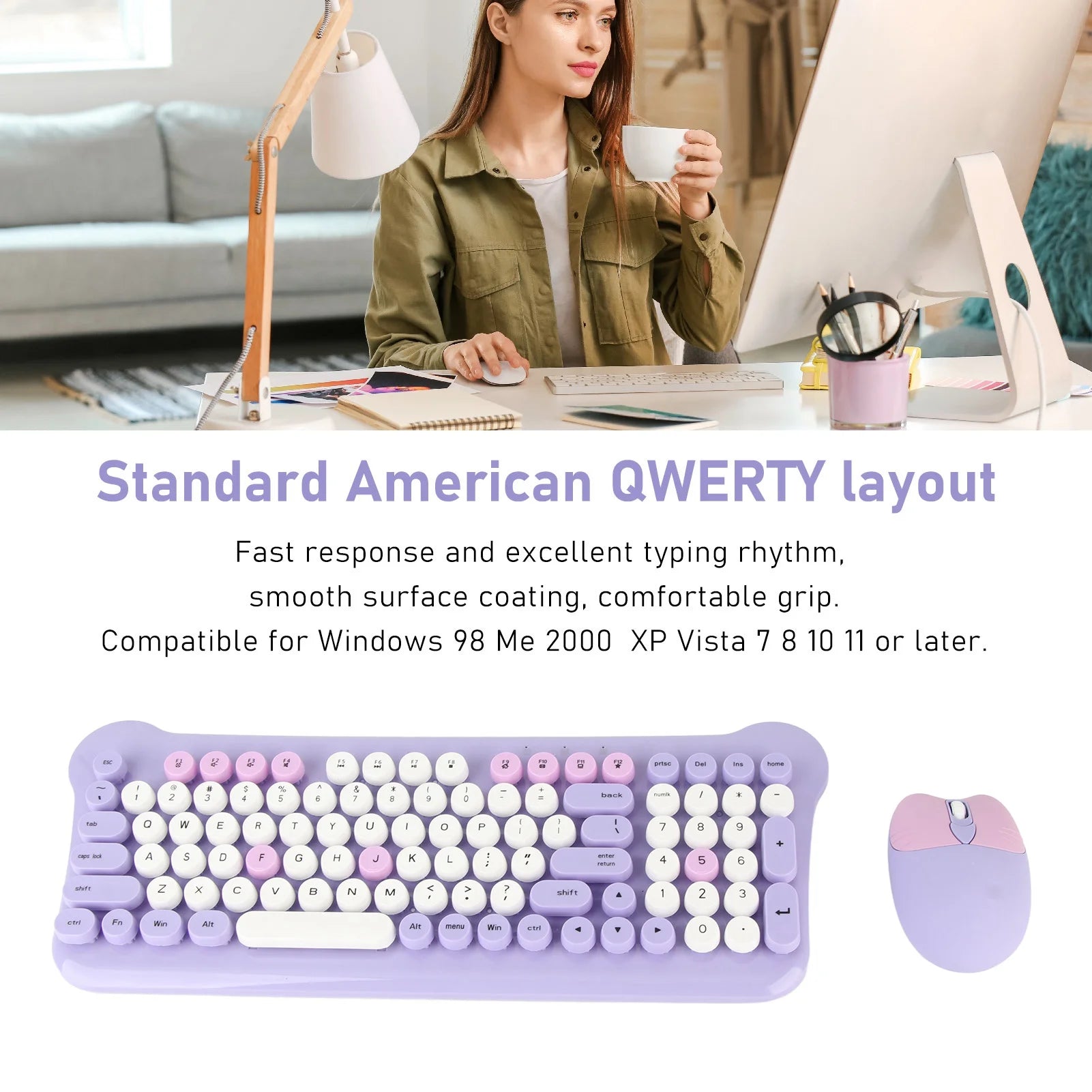 Colorful Keyboard and Mouse Plug and Play Wireless Keyboard and Mouse Set Responsive with Round Keycaps for Laptops PC Desktops