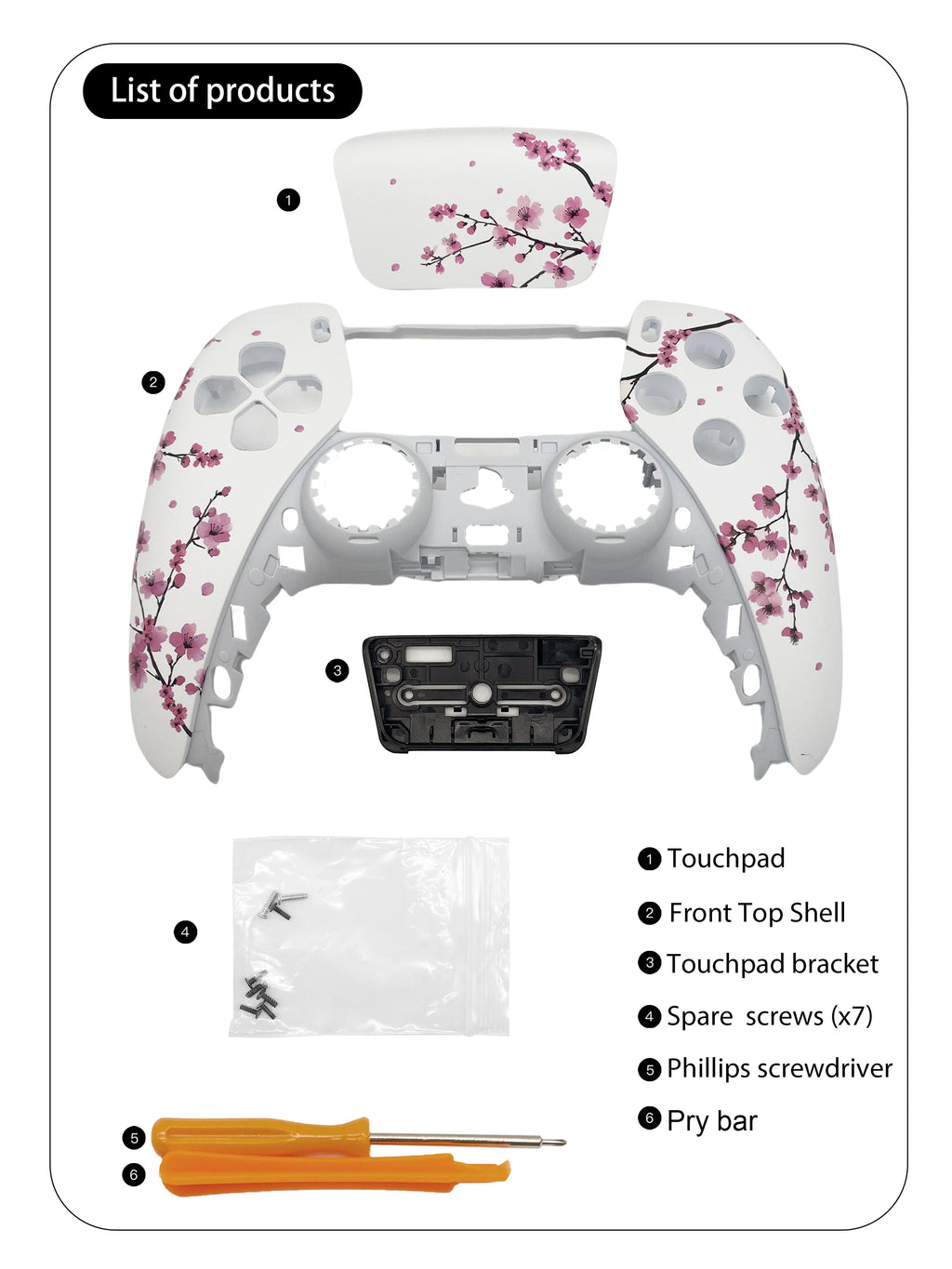 Pink Sakura PS5 Controller Shell Faceplate Cover mit Touchpad für DualSense Controller, Ersatz für BDM-010/020/030/040/050
