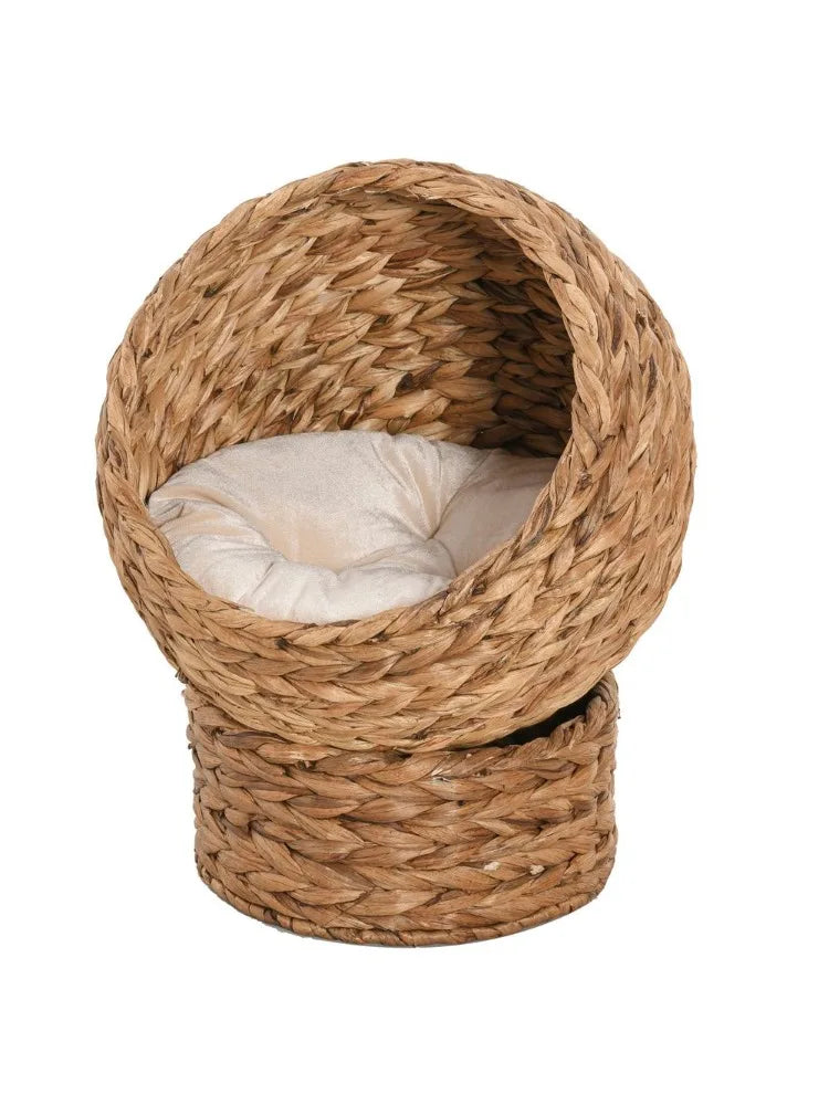 For PawHut 20" Elevated Cat Bed, Natural Braided Banana Leaf Basket with Cushion, Brown
