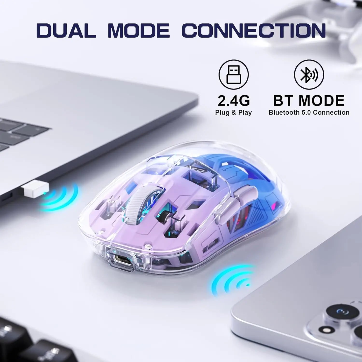 A2 Transparente kabellose Gaming-Maus, BT 5.0/2,4G PC wiederaufladbare RGB-Mäuse mit digitalem Bildschirm, PixArt 3212, 5 einstellbare DPI