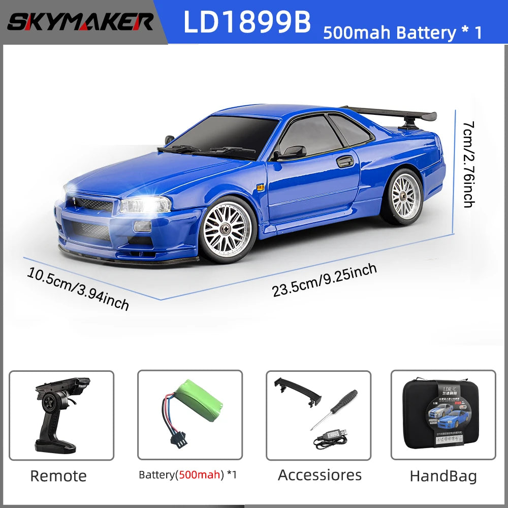 Skymaker LDRC 1/18 RC Drift Car LD1899 GTR-Modus R34 2,4 GHz RWD mit Gyroskop On-Road-Legierung Karosserie Rennwagen für Jungen Geschenke
