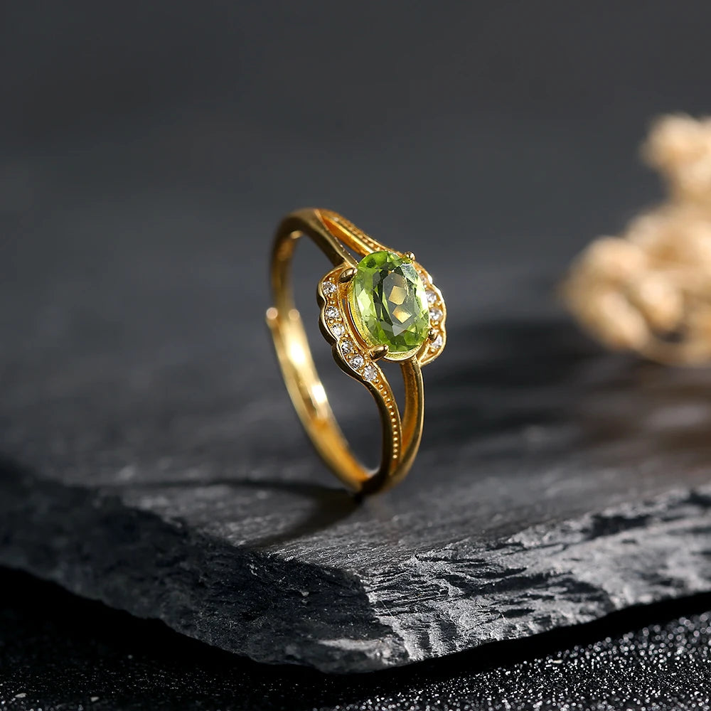Natural Peridot 925 Silver Ring K Gold Plated Twisted Adjustable Bands Birthstone Healing Crystal Jewelry Boho Gift