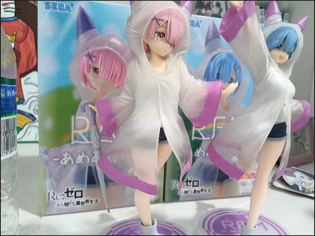 Original Sega Re:Life In A Different World From Zero Rem Ram Raincoat Girl Anime Figure 21cm Model Collection Toy Kid Xmas Gift
