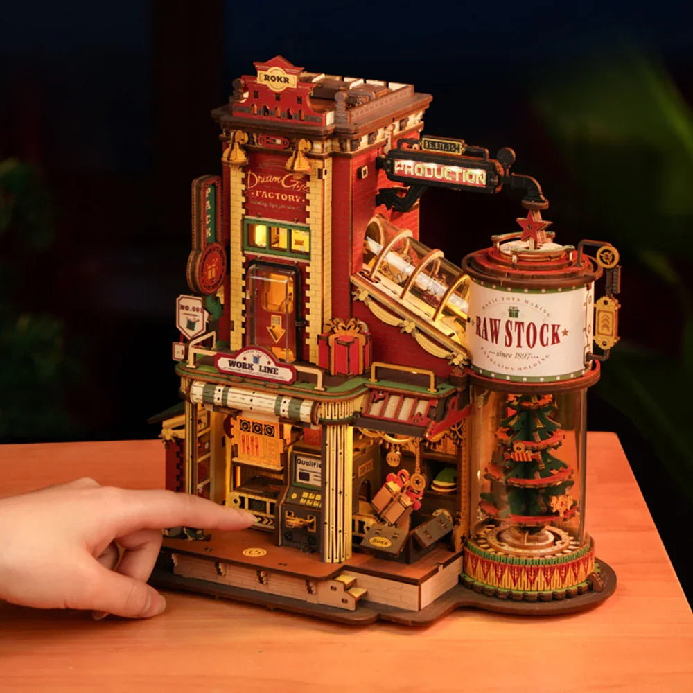 Robotime Rokr Dream Gift Factory 3D-Holzpuzzles, Holzspieluhr, Weihnachts-Holzmodellbausätze, Bauen Sie die besten Geschenke für Kinder und Erwachsene
