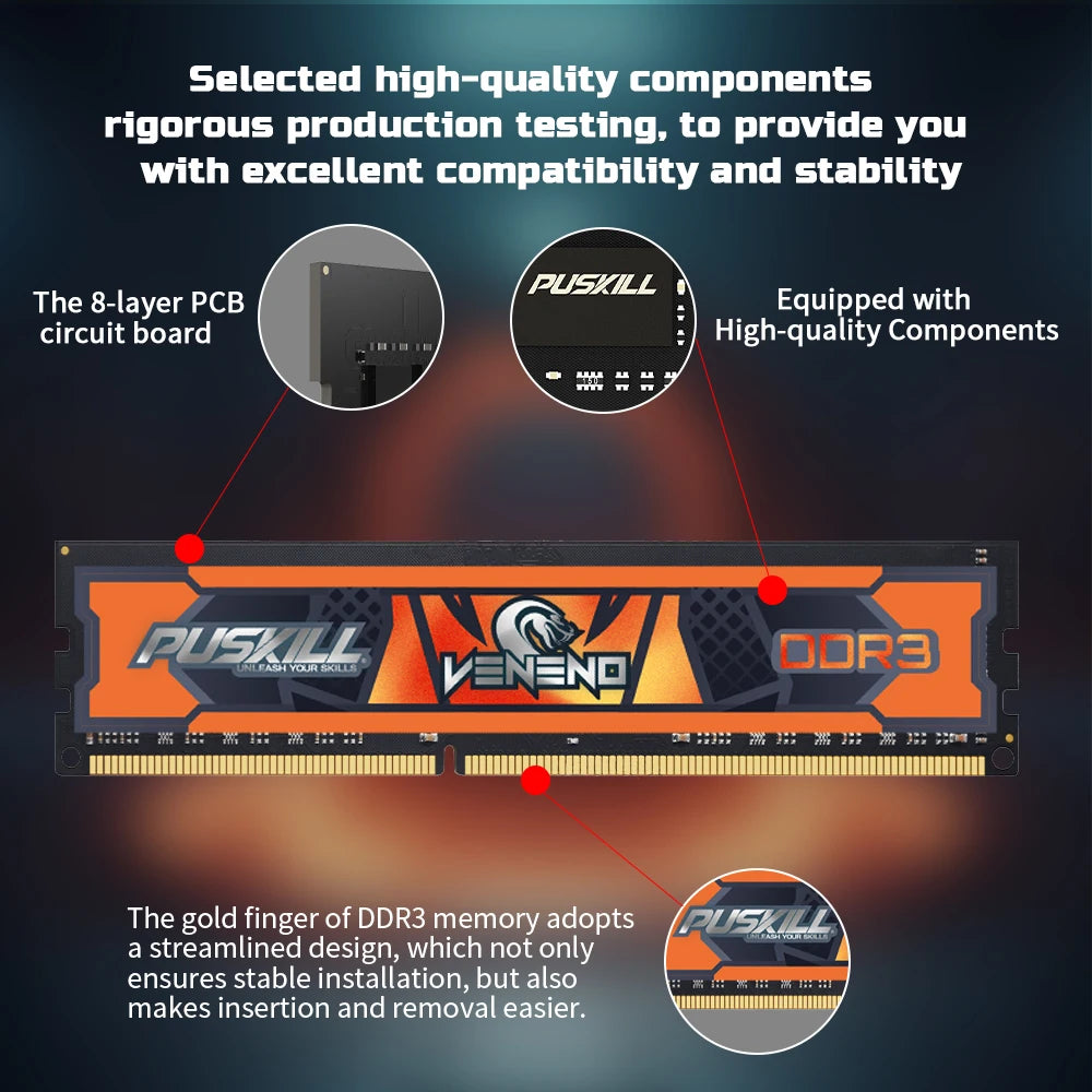 PUSKILL Veneno DDR3 Memoria RAM 8GB 4GB 1.5V 1600MHz 1333MHz 240-PIN Memória Desktop Udimm DIMM Memory