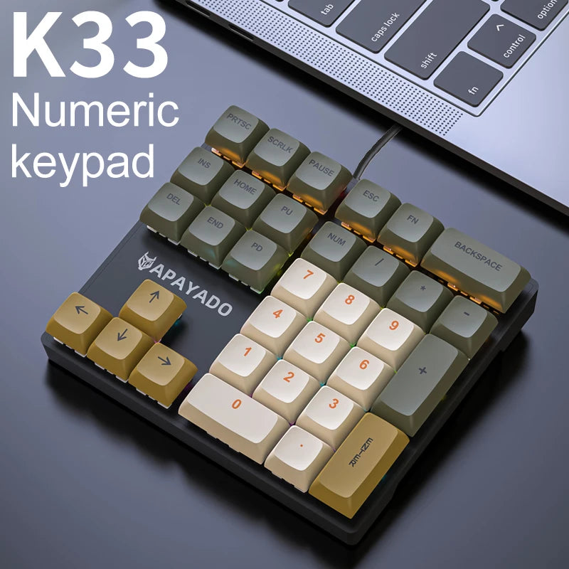 APAYADO K33 Mini-Zifferntastatur, 33 Tasten, blauer mechanischer Schaft, RGB, PBT-Tastenkappen für Treasury/Buchhaltung/Finanzen